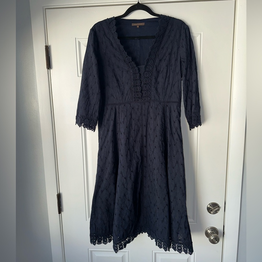 ADOLFO DOMINGUEZ SIZE 44 10 navy blue v-neck midi length lace - Picture 2 of 6